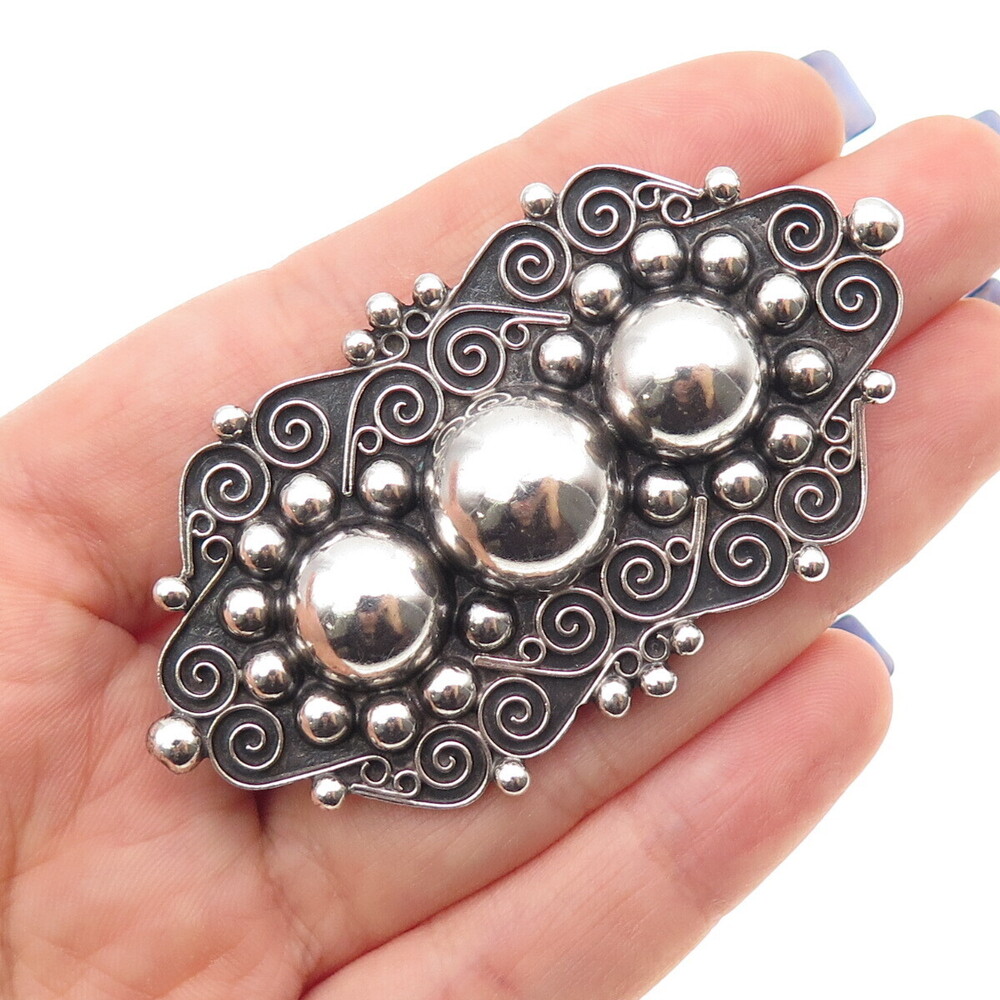 TOBIAS 925 Sterling Silver Vintage Mexico Swirl Beaded Oxidized Pin Brooch